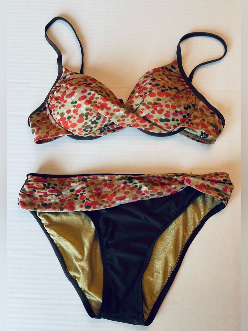 Athena Polka Dot Bikini Top in Brown Gold with Pink & Red Dots Size 8